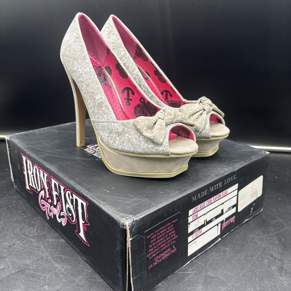 IRON FIST Women Booze Cruise Stone Beige Platform Heel US Size 6 Bow Peep Toe